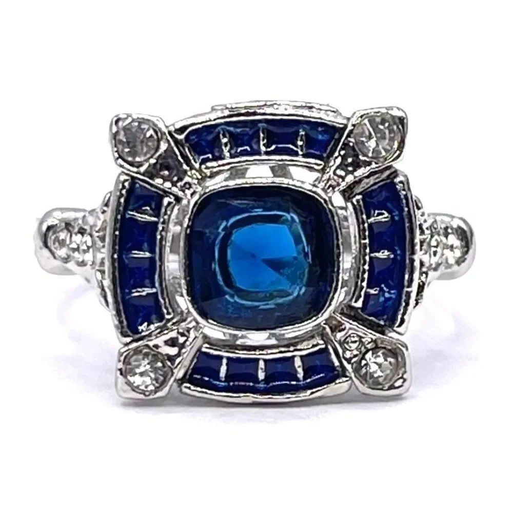 925 Sterling Silver with Sapphire and White Cubic Zirconia Art Deco Ring Size 7